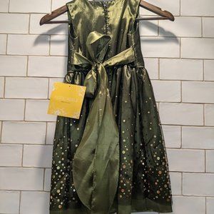 Petite Adele Ellie Dress, Taffeta and mesh sequin overlay dress in green & gold